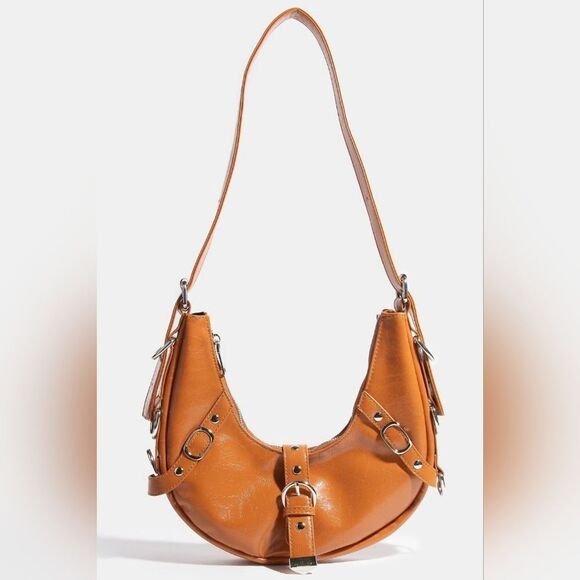 Fame Multi Belt Strap Accent Shoulder Faux Tan Leather Women's Crossbody Bag - Picture 1 of 4